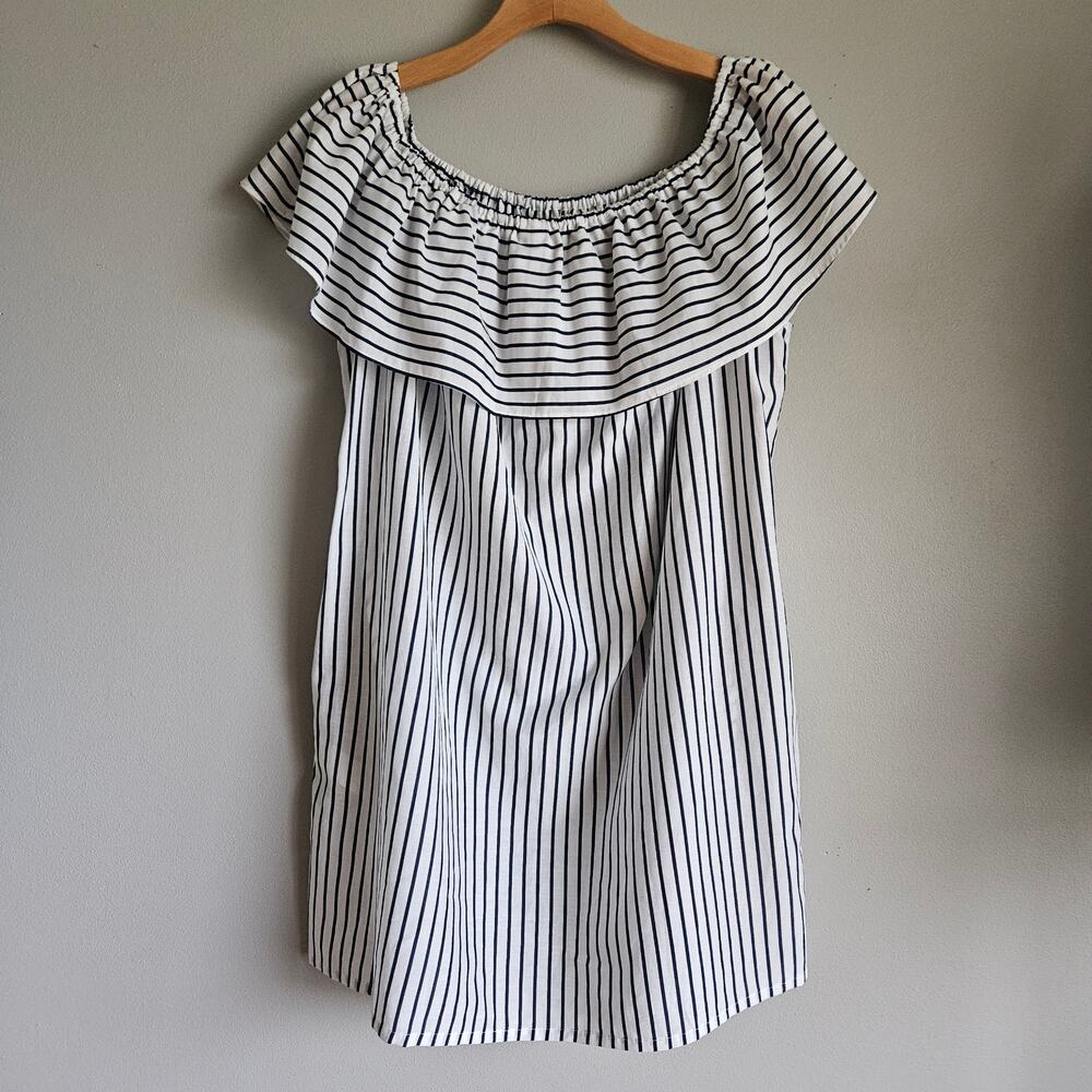Rosa Faia Dress Size Small Navy Striped‎ Cotton Silk Off Shoulder Resort Coastal